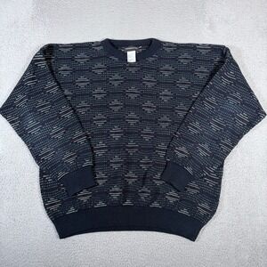 Vtg Expressions Sweater Mens XL Blue Geometric Texture Crewneck Pullover Grandpa